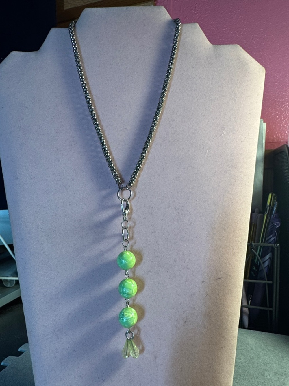 Silver like REARVIEW Mirror Charm w/Neon Green Beads charm can be changed out